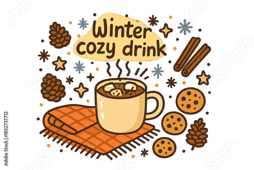 Cozy Winter Drink. Winter cozy drink. Hand-drawn doodle illustration of Winter cozy drink. steaming mug,