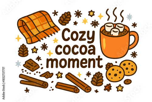Cozy Cocoa Moment. Cozy cocoa moment. Hand-drawn doodle illustration of Cozy cocoa moment. steaming mug, cozy