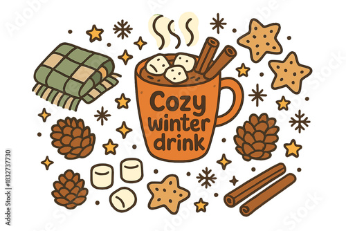Cozy Winter Drink. Cozy winter drink. Hand-drawn doodle illustration of Cozy winter drink. steaming mug,