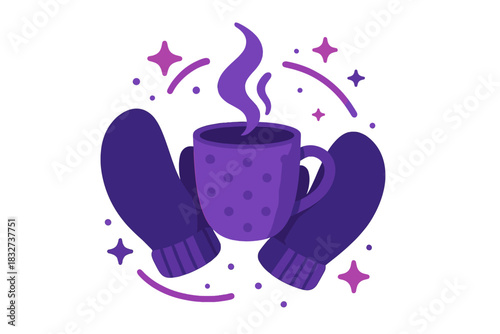 Cozy Winter Warmth. Mittens and hot drink. Cozy gloves around a steaming mug, abstract spark shapes and