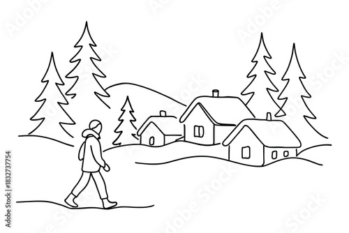 Snowy Nordic Village. Nordic winter lifestyle. Minimalistic one-line drawing of a snow-covered Nordic village