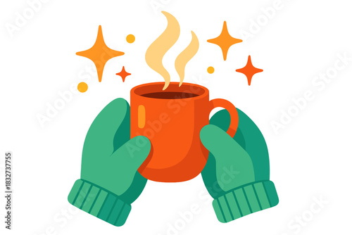 Cozy Winter Mug. Frosty morning drink. A warm mug held by gloves, steam rising and abstract spark shapes