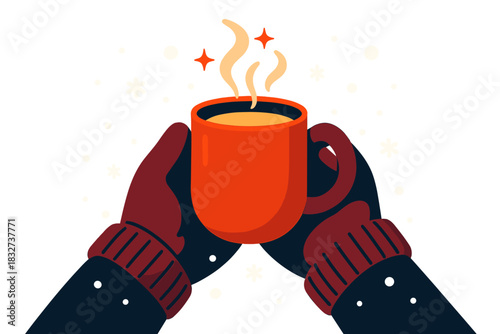 Cozy Winter Warmth. Gloves holding a warm drink. Hands in cozy winter gloves grasp a steaming mug, tiny spark