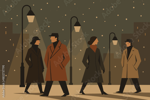 Stylish Winter Cityscape. Evening city winter wear minimalist flat illustration of angular figures in stylish