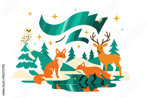 Aurora Wildlife Wonderland. Northern lights and wildlife. Snowy landscape with foxes, owls, and deer, aurora