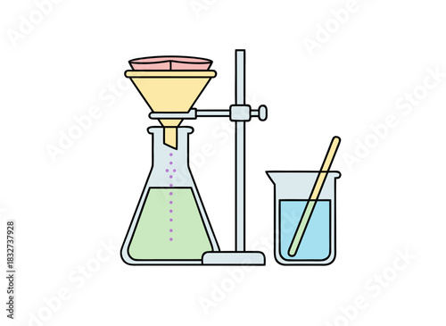 Laboratory filtration setup with Erlenmeyer flask and beaker showing liquid separation and chemical experiment in a light clean background with scientific equipment and stirring rod detail