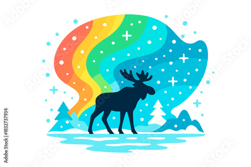 Aurora Moose Silhouette. Frosty aurora scene. Moose silhouette stands on icy ground under vivid aurora sky,