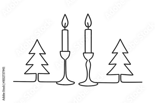 Minimalist Holiday Decor. Holiday table minimalism. Minimalistic one-line drawing modern candle holders and