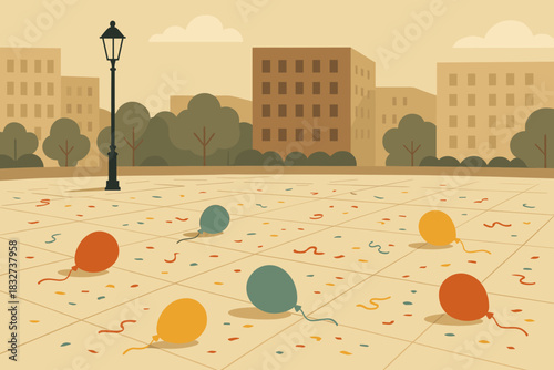 Retro Festivity Aftermath. Quiet celebration aftermath minimalist flat illustration of empty city square with