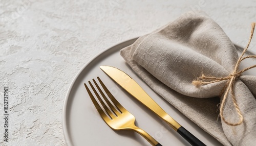Elegant Table Setting: A sophisticated tablescape is set against a soft textured background. Featuring a gold knife and fork alongside a neatly folded napkin.