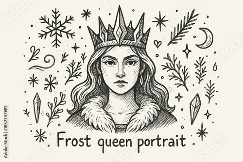 Frost Queen Illustration. Frost queen portrait. Hand-drawn doodle illustration of Frost queen portrait.
