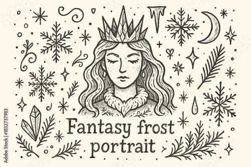 Fantasy Frost Queen. Fantasy frost portrait. Hand-drawn doodle illustration of Fantasy frost portrait. Central