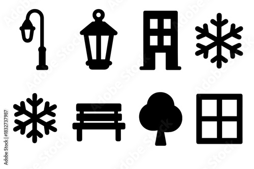 Nighttime City Icons. City street night glow. Filled icon set of City street night glow: street lamp, lantern,