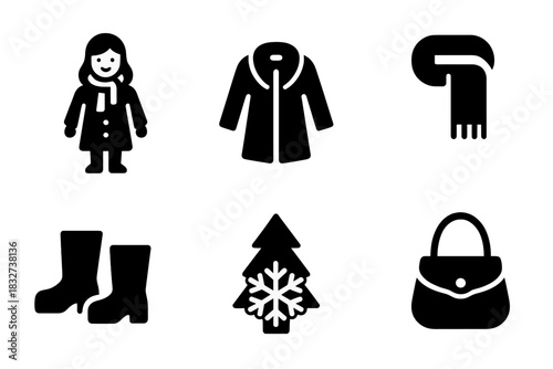 Winter Style Icons. Outdoor winter style. Filled icon set of Outdoor winter style: woman, fur coat, hat, scarf