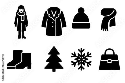 Winter Fashion Icons. Winter street fashion. Filled icon set of Winter street fashion: woman, fur coat, hat,