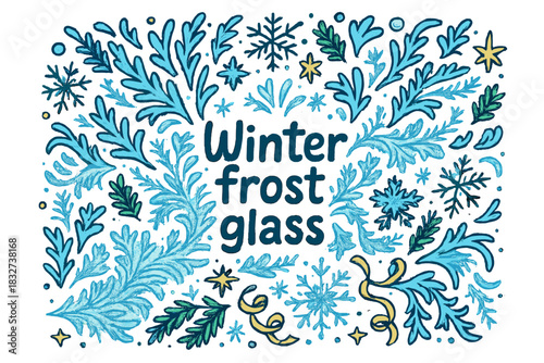 Winter Frost Whimsy. Winter frost glass. Hand-drawn doodle illustration of Winter frost glass. intricate frost