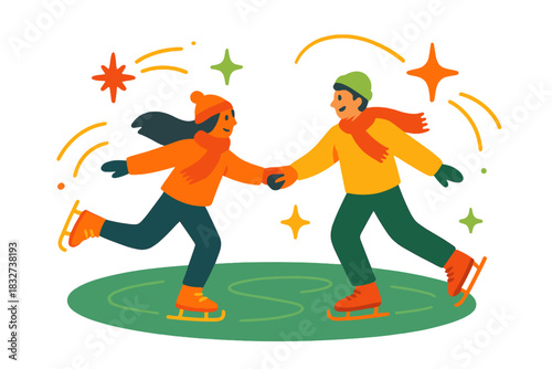 Evening Ice Skating. Evening ice skating. Couple glides across frozen pond, abstract spark icons and soft