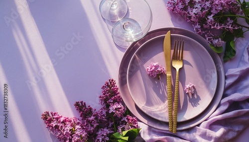 Elegant Table Setting with Lilacs: A sophisticated table setting featuring delicate lilac flowers, golden cutlery, and minimalist glassware, bathed in the soft, natural light.