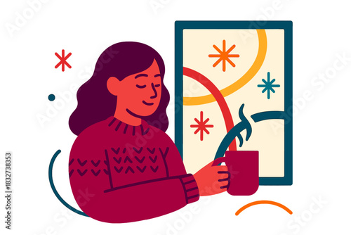 Cozy Winter Vibes. Holiday indoor portrait. Knitted sweater and steaming mug by window, abstract spark icons