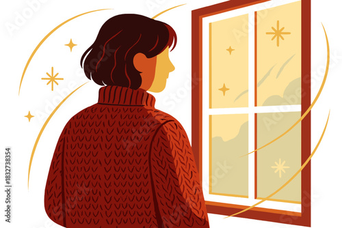Cozy Winter Morning. Morning light knit scene. Person wearing knitted sweater stands by frosted window, tiny