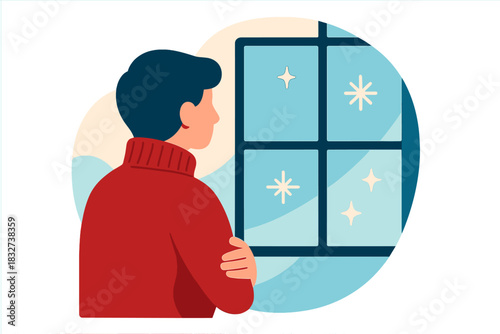 Gazing Winter Calmness. Winter serenity. Individual in thick sweater gazes out icy window panes, soft