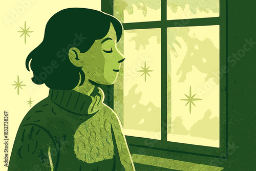 Cozy Winter Morning. Winter morning portrait. Soft sunlight filters through icy window panes, highlighting