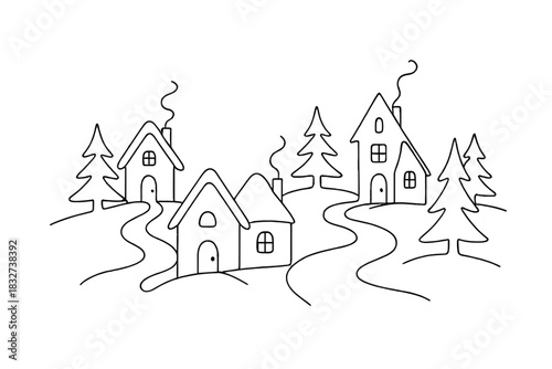 Minimalist Winter Village. Fairy tale winter village. Minimalistic one-line drawing whimsical cottages, snowy