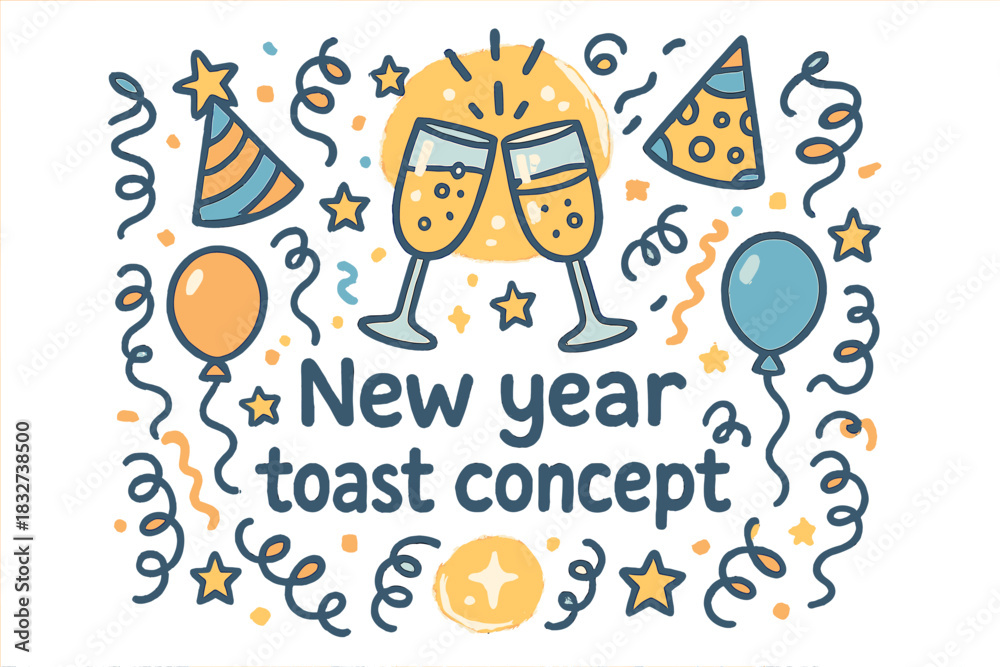 Fototapeta premium Festive New Year Cheers. New year toast concept. Hand-drawn doodle illustration of New year toast concept.