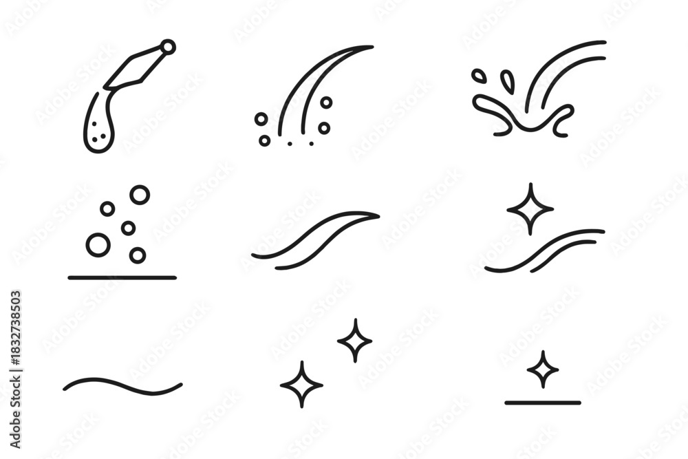 Fototapeta premium Pouring Liquid Icons. Pouring liquid. Line outline icon set of Pouring liquid: flowing champagne, liquid arc,