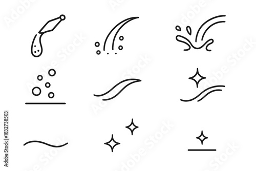 Pouring Liquid Icons. Pouring liquid. Line outline icon set of Pouring liquid: flowing champagne, liquid arc,