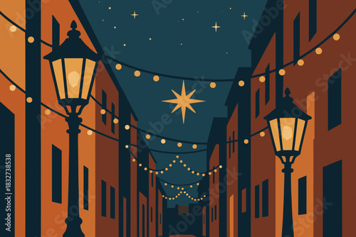 Festive Evening Glow. Evening festive town minimalist flat illustration of stylized street lamps and light