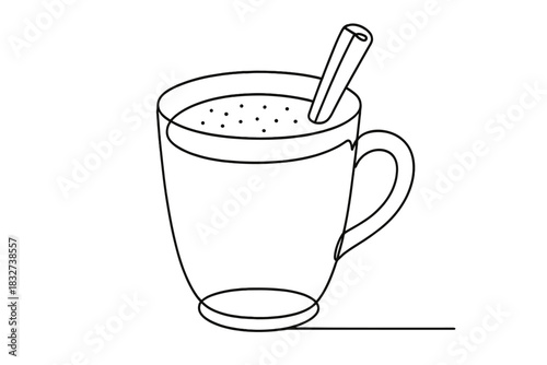 Minimalist Eggnog Line Art. Holiday spiced drink. Minimalistic one-line drawing cup of eggnog with cinnamon