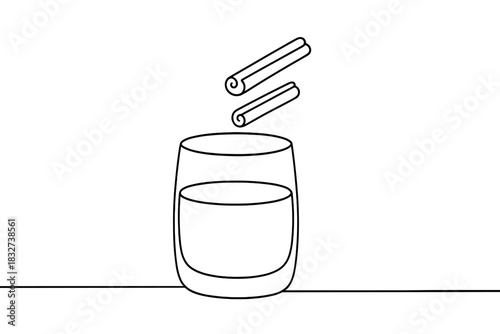 Minimalist Eggnog Art. Christmas eggnog. Minimalistic one-line drawing glass with eggnog and floating cinnamon