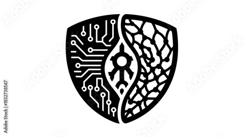 Abstract shield symbol combining circuitry and organic patterns isolated on white background