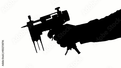 Silhouette of a hand holding a spray gun isolated on white background