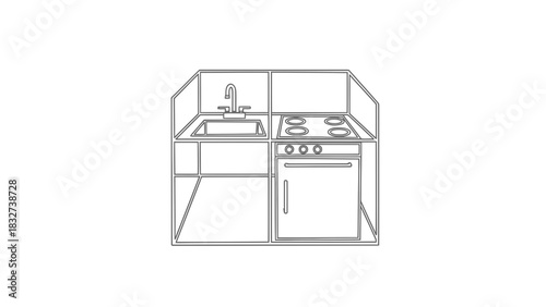 Kitchenette with sink and stove isolated on white background