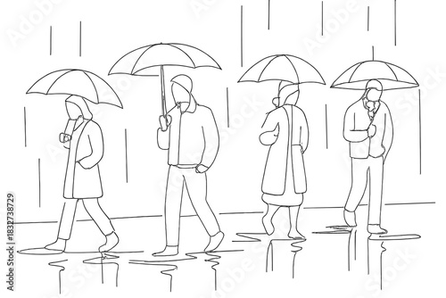 Minimalist Rainy Day. Urban rainy day. Minimalistic one-line drawing people under umbrellas on wet sidewalk,