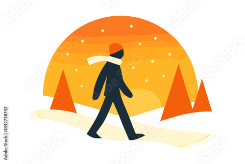 Winter Sunset Stroll. Winter Sunset Walk. Flat minimalist vector illustration of a Winter Sunset Walk.