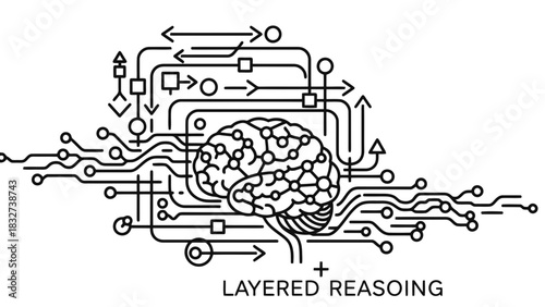 Abstract brain network with circuitry and arrows isolated on white background