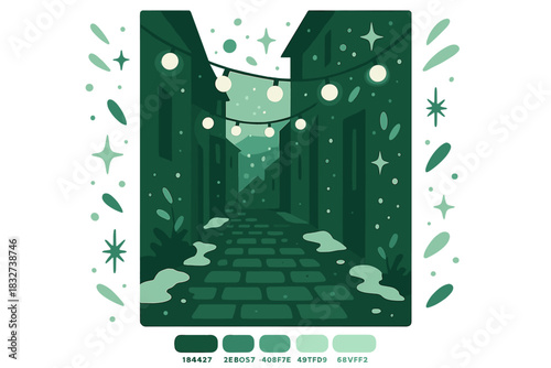 Winter Alleyway Glow. Winter alleyway glow. Cobblestone alley with string lights overhead, tiny spark arcs and