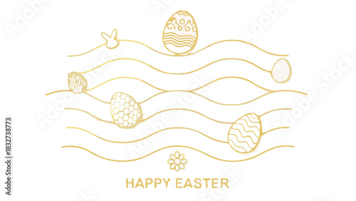 Elegant gold line art happy easter greeting with decorative eggs and a bunny on wavy lines against a white background