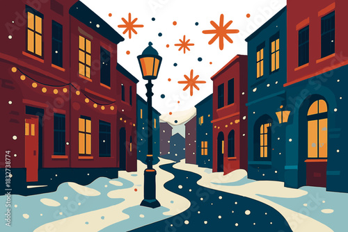Festive Snowy Streetscape. Snowy street view. Old town streets lined with glowing lamps and festive lights,