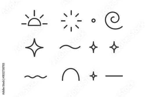 Minimal Morning Icons. Soft morning highlights. Line outline icon set of Soft morning highlights: rising sun,
