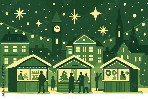 Festive Town Square. Holiday market street. Historic town square decorated with festive lights, snow drifting