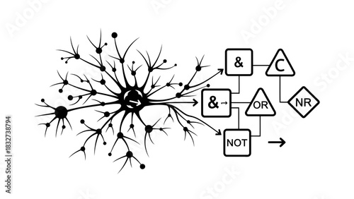 Neuron and logic gates diagram isolated on white background