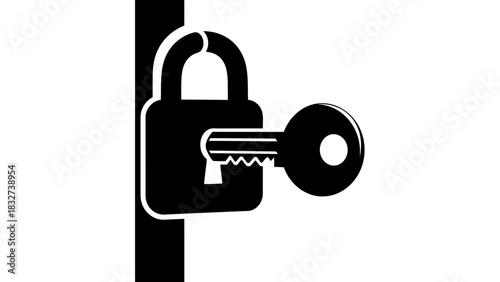 Black padlock and key icon isolated on white background