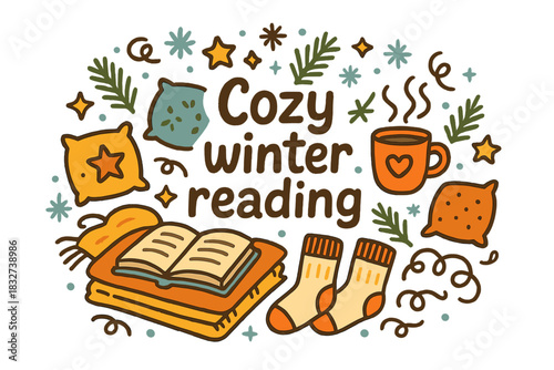Cozy Winter Reading. Cozy winter reading. Hand-drawn doodle illustration of Cozy winter reading. open book,