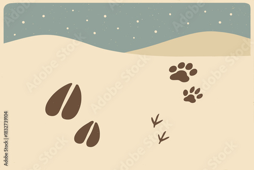 Animal Tracks in Snow. Hiking wildlife prints minimalist flat illustration of stylized animal tracks in snow
