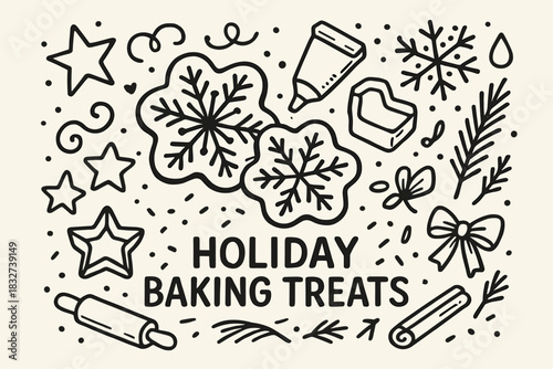 Holiday Baking Doodles. Holiday baking treats. Hand-drawn doodle illustration of Holiday baking treats.