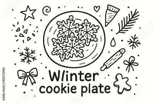 Winter Cookie Doodle. Winter cookie plate. Hand-drawn doodle illustration of Winter cookie plate. Central